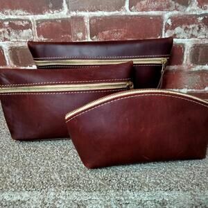 Portland Leather Goods Eclipse Makeup Pouch Utility Set Merlot Lava Brown Lot 3